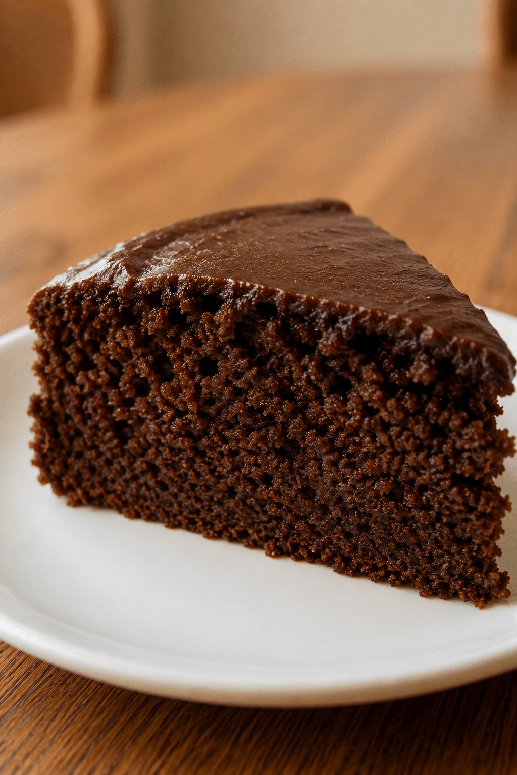 A moist sugar-free cacao banana blender cake sliced on a plate, made with almond flour, cocoa powder, banana flavor, and a soft chocolate crumb.