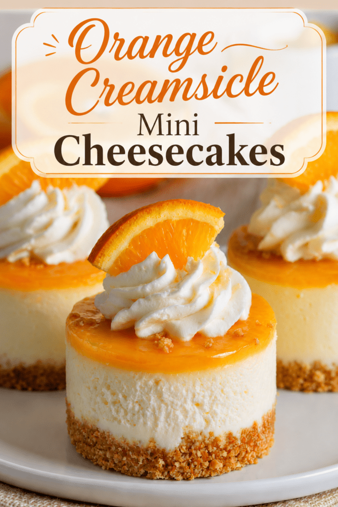 Sugar-free orange creamsicle mini cheesecakes with almond flour crust, creamy orange cheesecake filling, glossy orange glaze, and whipped cream topping.