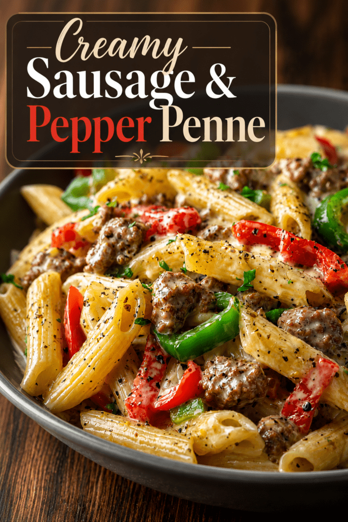 Creamy sausage and pepper penne pasta served in a bowl with red and green bell peppers, Parmesan cheese, fresh parsley, and black pepper.