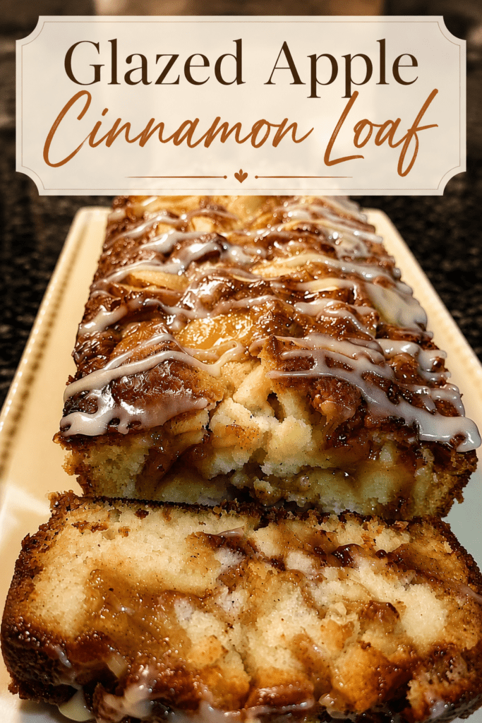 A sliced glazed apple cinnamon loaf cake with diced apples, cinnamon swirl filling, vanilla glaze, and a moist golden crumb on a serving plate.