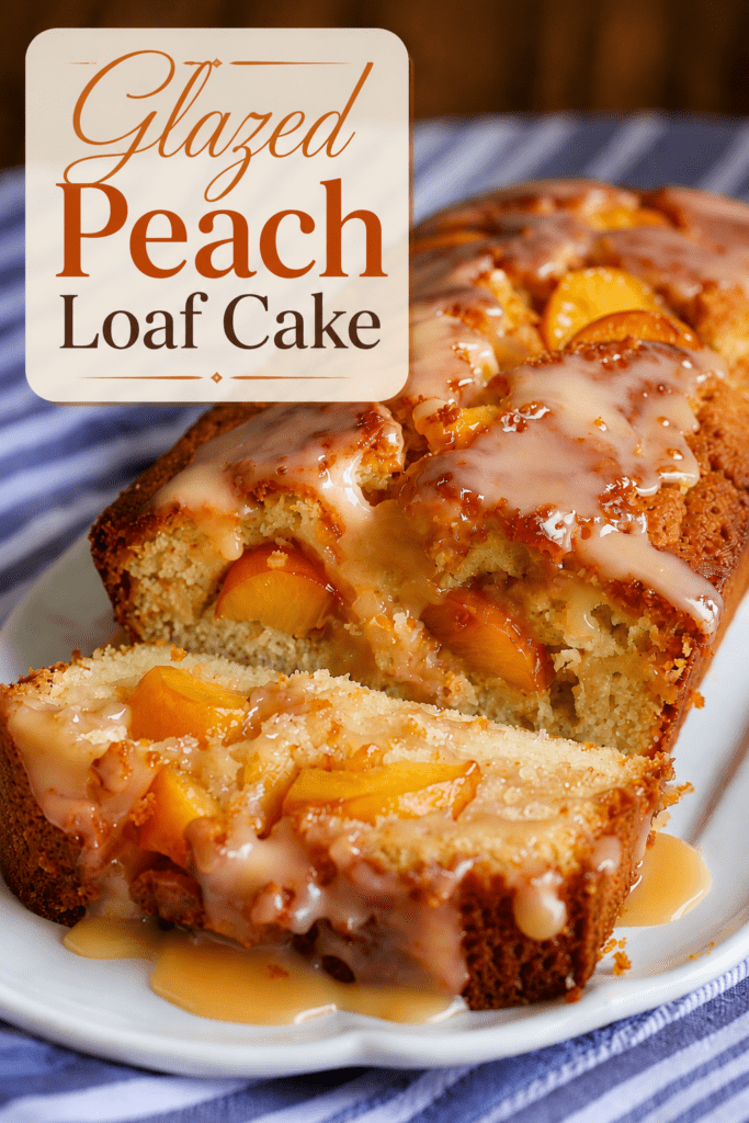 A sliced glazed peach loaf cake with fresh peach pieces, soft vanilla crumb, glossy glaze, and peach slices on top.