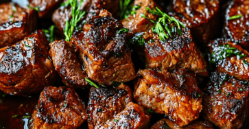 Garlic butter steak bites served in a glossy pan sauce with minced garlic, fresh parsley, thyme, and browned beef cubes in a skillet.