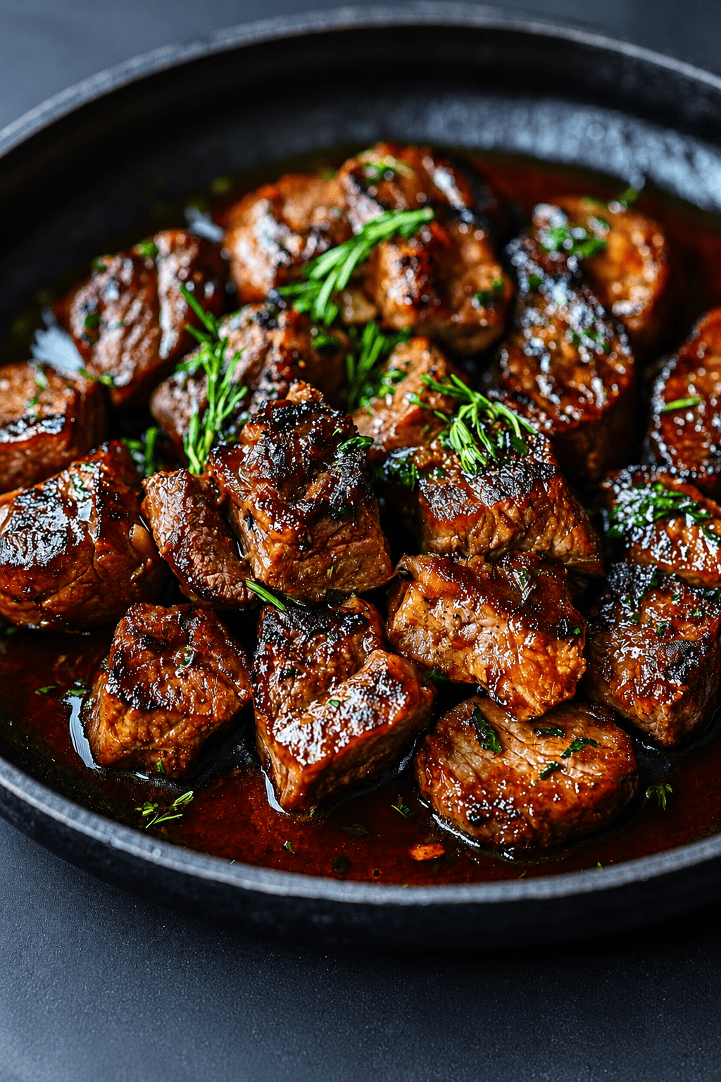 Garlic butter steak bites served in a glossy pan sauce with minced garlic, fresh parsley, thyme, and browned beef cubes in a skillet.