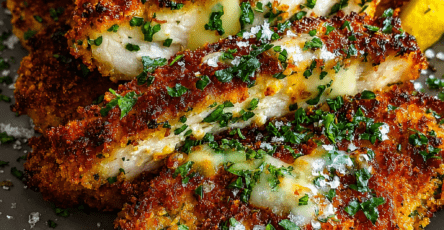 Crispy cheesy chicken cutlets topped with melted mozzarella, fresh parsley, lemon slices, Parmesan, and a golden panko crust.