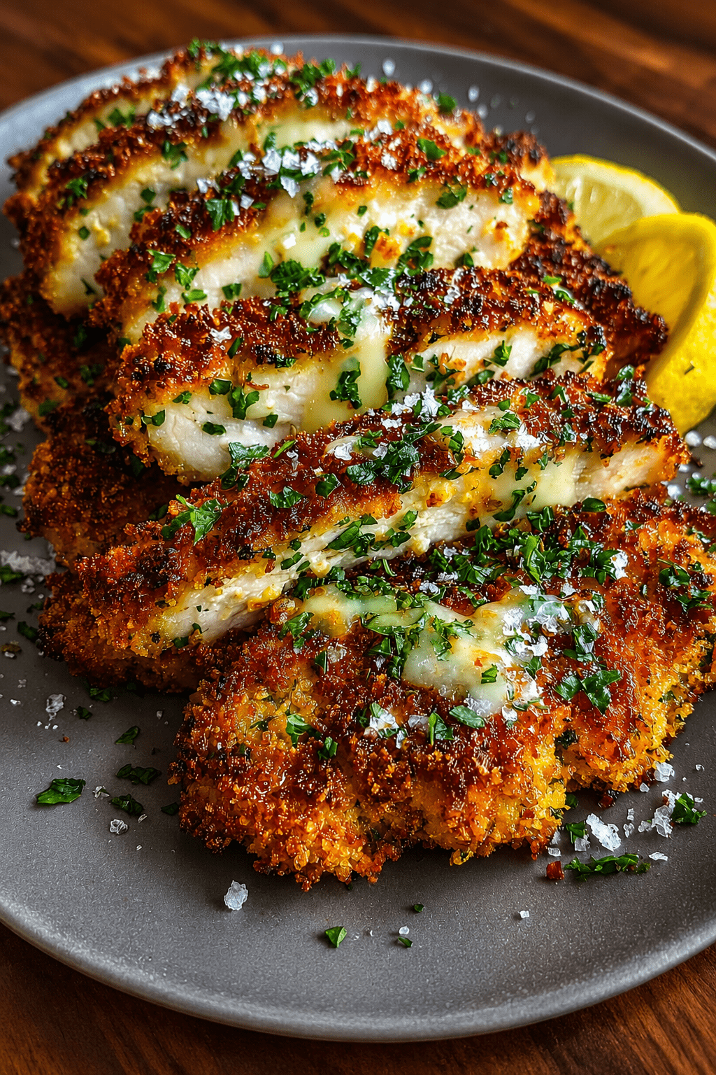 Crispy cheesy chicken cutlets topped with melted mozzarella, fresh parsley, lemon slices, Parmesan, and a golden panko crust.