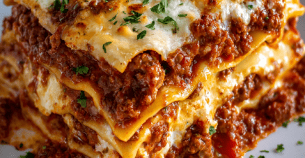 Classic beef lasagna sliced on a plate with rich meat sauce, creamy ricotta layer, melted mozzarella, Parmesan cheese, and fresh parsley.