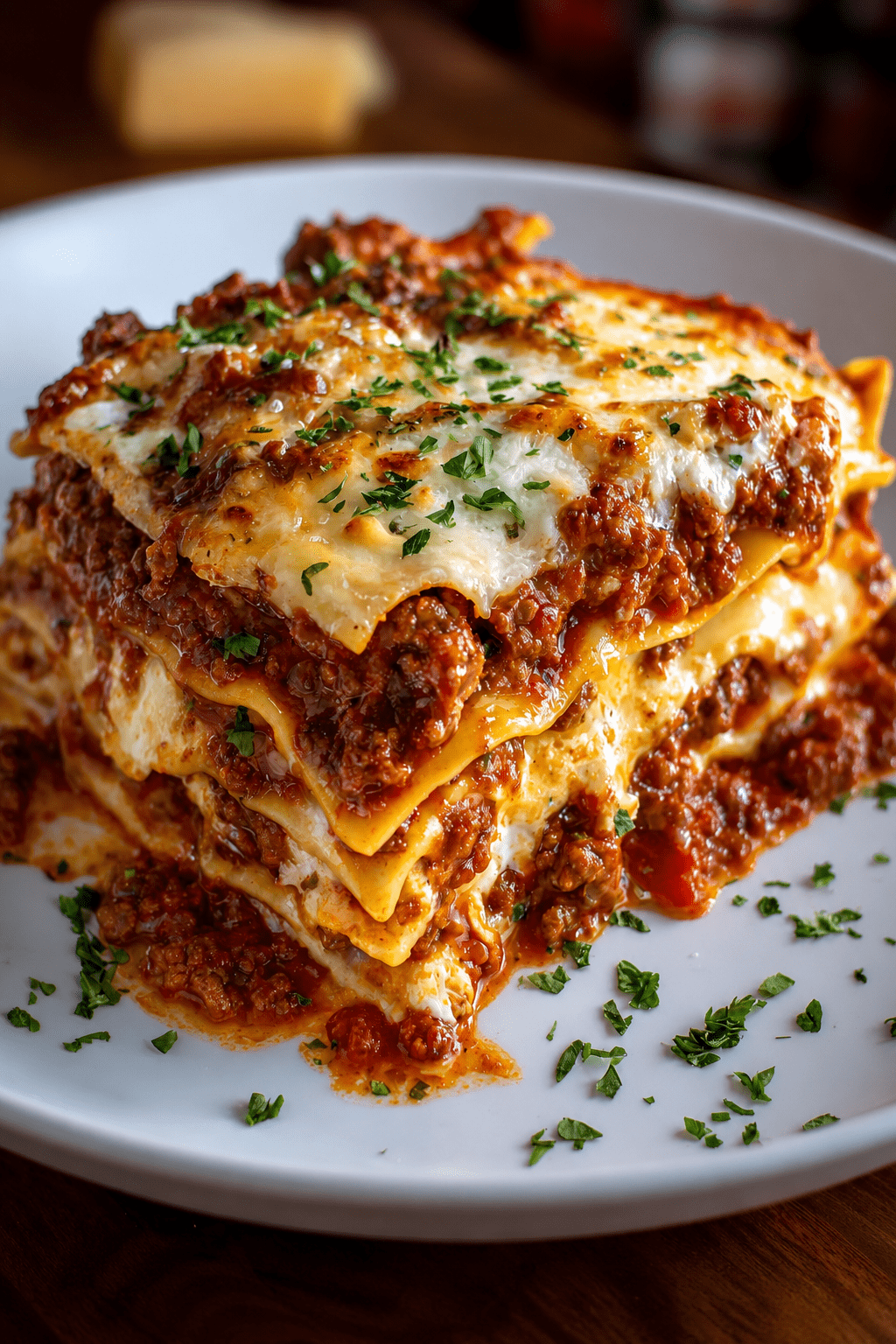 Classic beef lasagna sliced on a plate with rich meat sauce, creamy ricotta layer, melted mozzarella, Parmesan cheese, and fresh parsley.