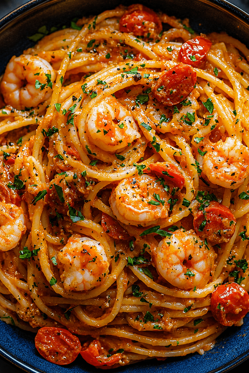 Creamy garlic shrimp spaghetti with cherry tomatoes, Parmesan cheese, parsley, lemon, and tender shrimp in a rich garlic cream sauce.