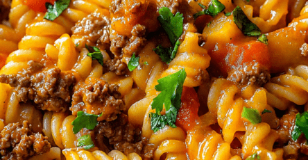 Cheesy beef rotini pasta with tomato sauce, ground beef, red bell pepper, melted cheese, and fresh parsley served in a bowl.