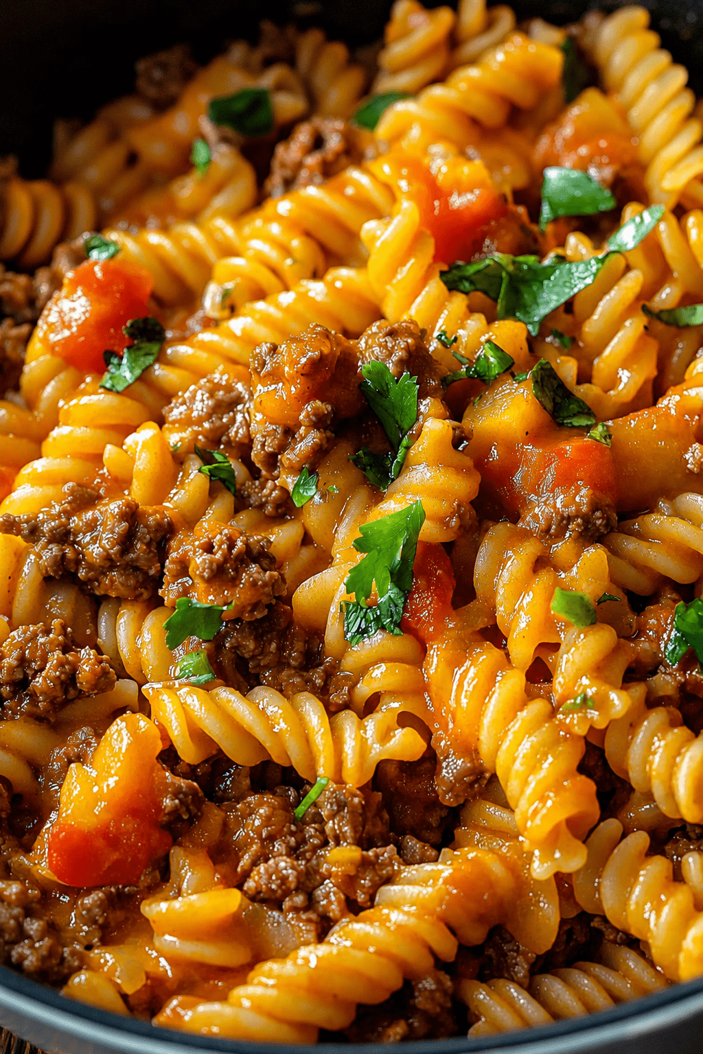 Cheesy beef rotini pasta with tomato sauce, ground beef, red bell pepper, melted cheese, and fresh parsley served in a bowl.