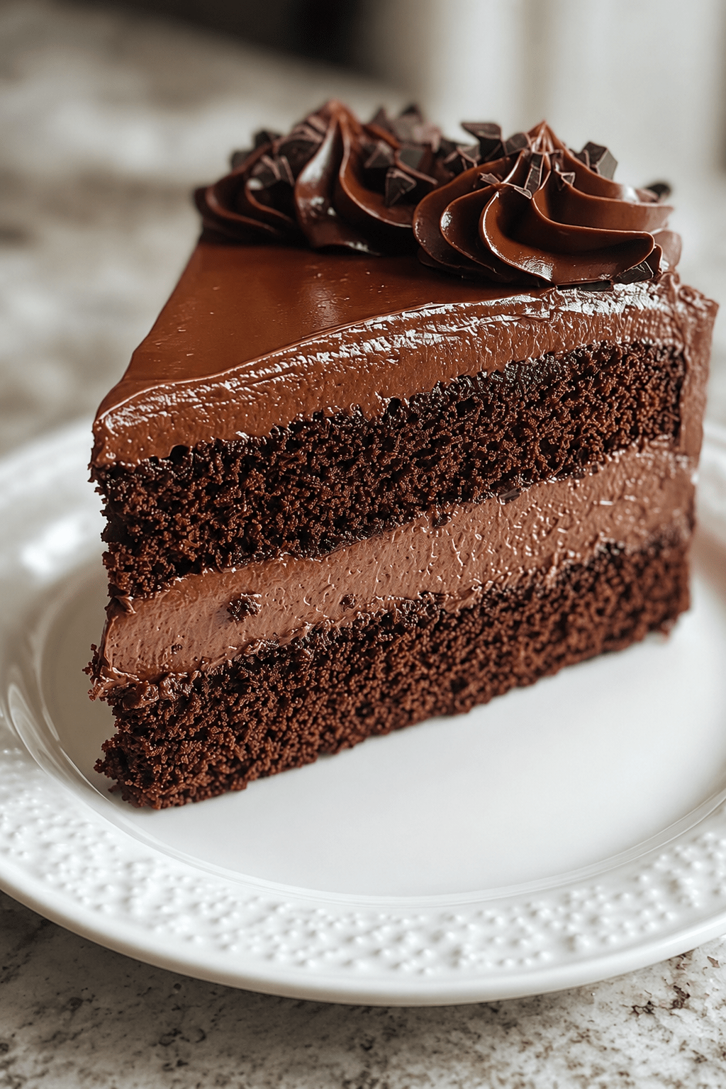 A rich chocolate layer cake with moist cocoa layers, creamy chocolate filling, glossy ganache frosting, and chocolate shavings on top.
