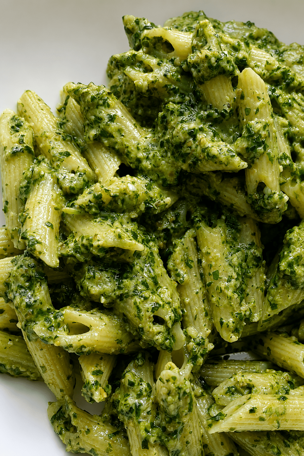 Creamy pesto penne pasta served in a bowl with fresh basil, Parmesan cheese, black pepper, and a bright green creamy pesto sauce.