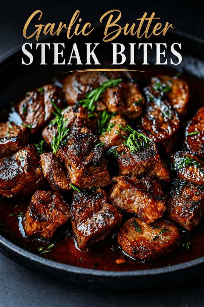 Garlic butter steak bites served in a glossy pan sauce with minced garlic, fresh parsley, thyme, and browned beef cubes in a skillet.