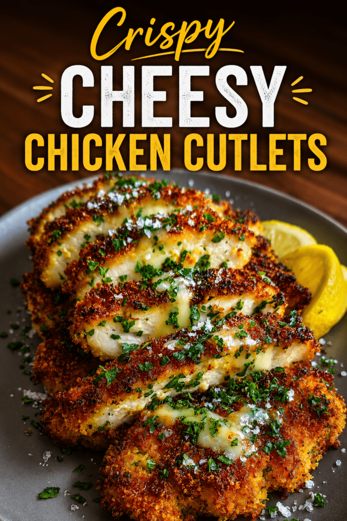 Crispy cheesy chicken cutlets topped with melted mozzarella, fresh parsley, lemon slices, Parmesan, and a golden panko crust.