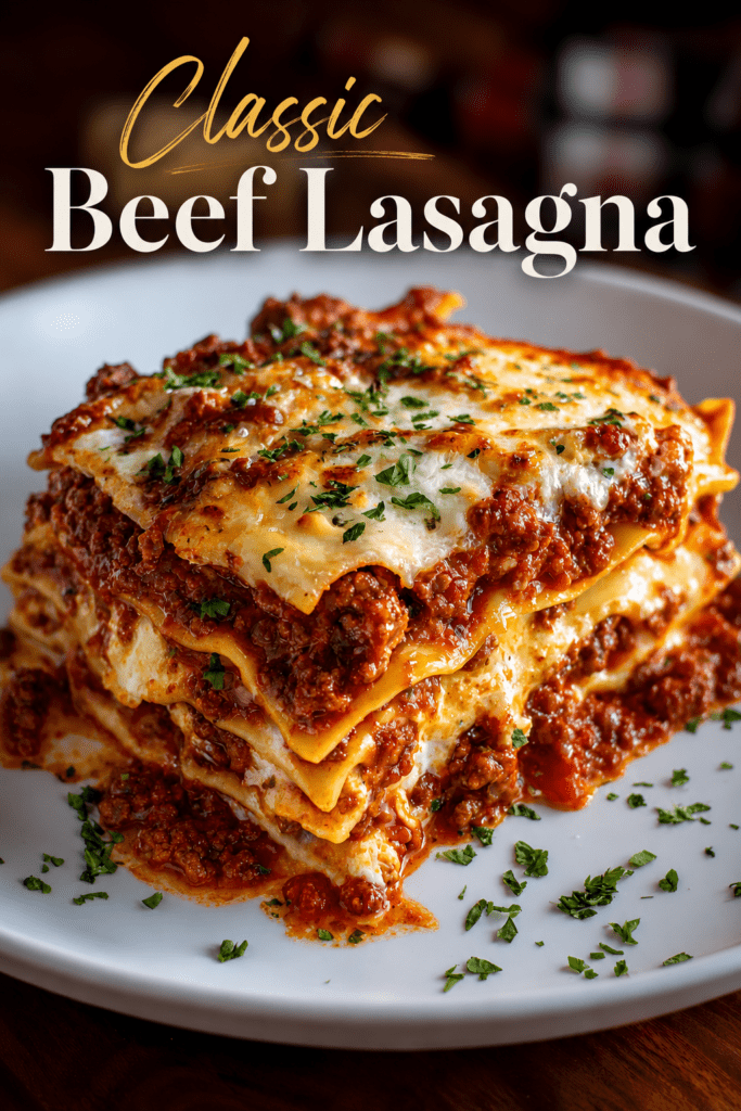 Classic beef lasagna sliced on a plate with rich meat sauce, creamy ricotta layer, melted mozzarella, Parmesan cheese, and fresh parsley.