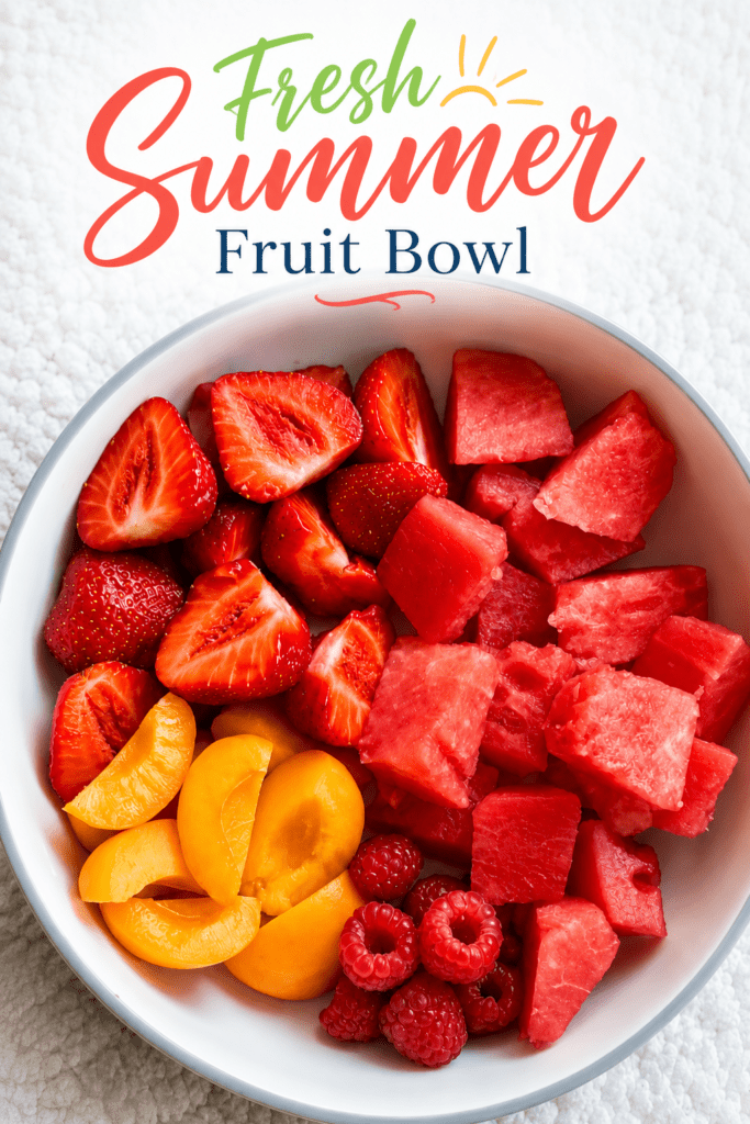 Fresh summer fruit salad with sliced strawberries, watermelon cubes, peaches, raspberries, mint, and a glossy honey-lime dressing in a bowl.