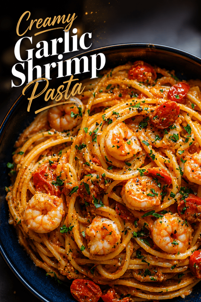 Creamy garlic shrimp spaghetti with cherry tomatoes, Parmesan cheese, parsley, lemon, and tender shrimp in a rich garlic cream sauce.