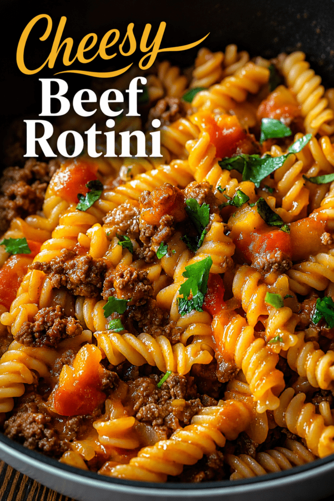 Cheesy beef rotini pasta with tomato sauce, ground beef, red bell pepper, melted cheese, and fresh parsley served in a bowl.