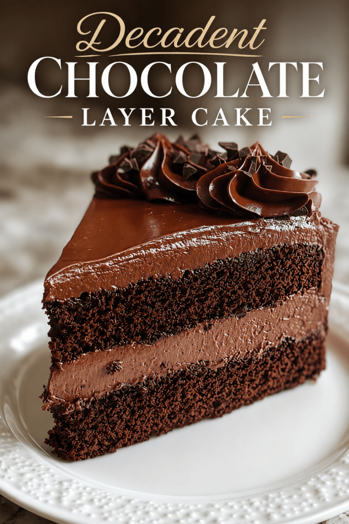 A rich chocolate layer cake with moist cocoa layers, creamy chocolate filling, glossy ganache frosting, and chocolate shavings on top.
