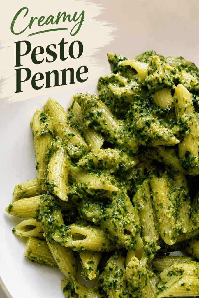 Creamy pesto penne pasta served in a bowl with fresh basil, Parmesan cheese, black pepper, and a bright green creamy pesto sauce.