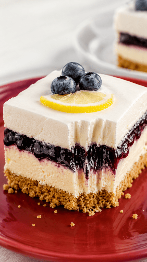 Sugar-free lemon blueberry delight dessert with a graham-style crust, creamy lemon cheesecake layer, blueberry topping, and whipped topping in a pan.