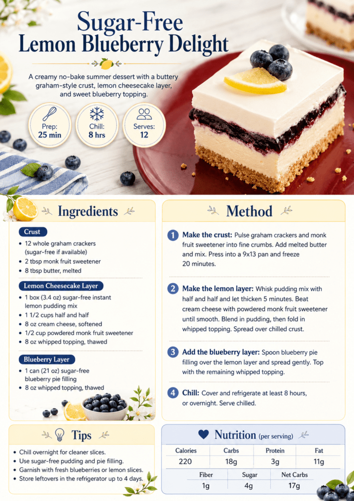 Sugar-free lemon blueberry delight dessert with a graham-style crust, creamy lemon cheesecake layer, blueberry topping, and whipped topping in a pan.