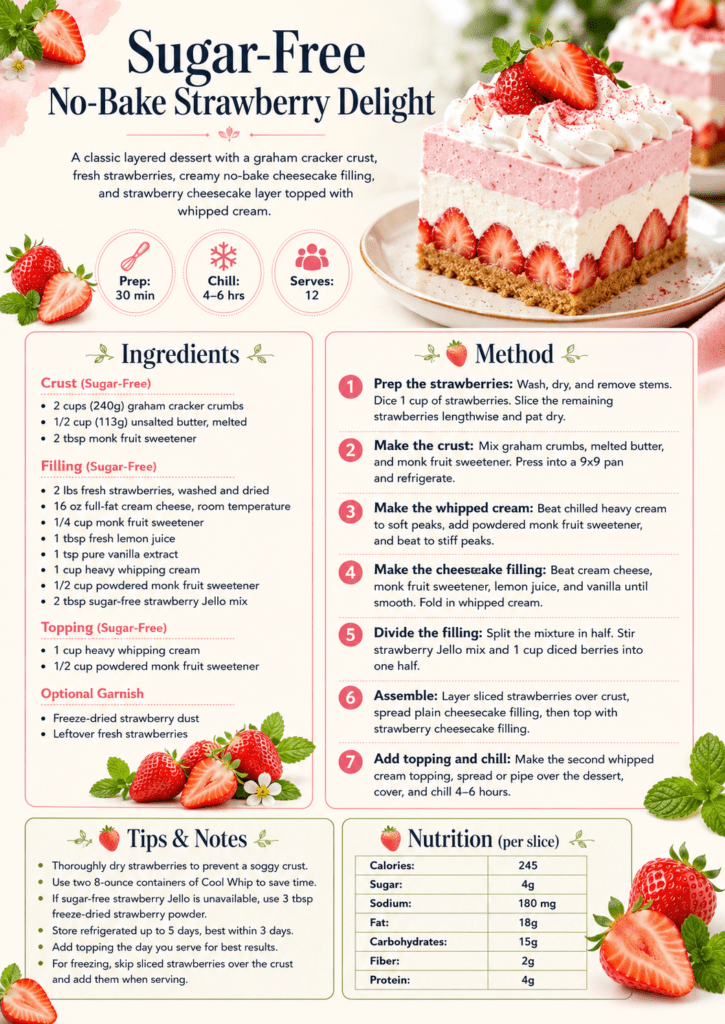 Sugar-free no-bake strawberry delight with graham cracker crust, sliced strawberries, creamy cheesecake filling, pink strawberry layer, and whipped cream topping.