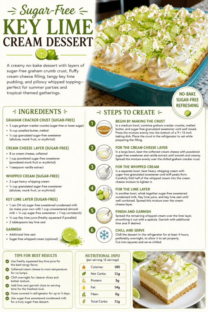 Sugar-free key lime cream dessert sliced into squares with graham cracker crust, creamy filling, tangy key lime layer, whipped topping, and lime zest garnish.