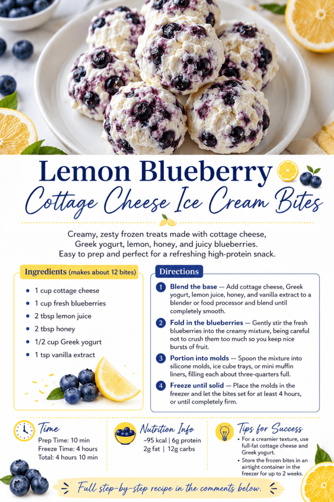 Lemon blueberry cottage cheese ice cream bites made with Greek yogurt, honey, vanilla, and fresh blueberries, served frozen with lemon zest.