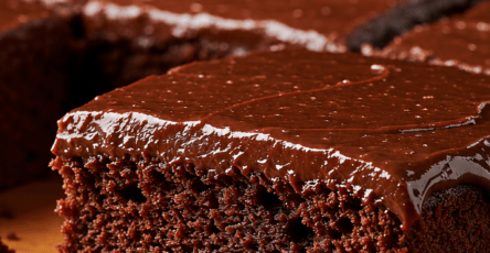 Fudgy chocolate cake with glossy dark chocolate ganache, moist chocolate crumb, clean square slices, and a rich homemade texture.