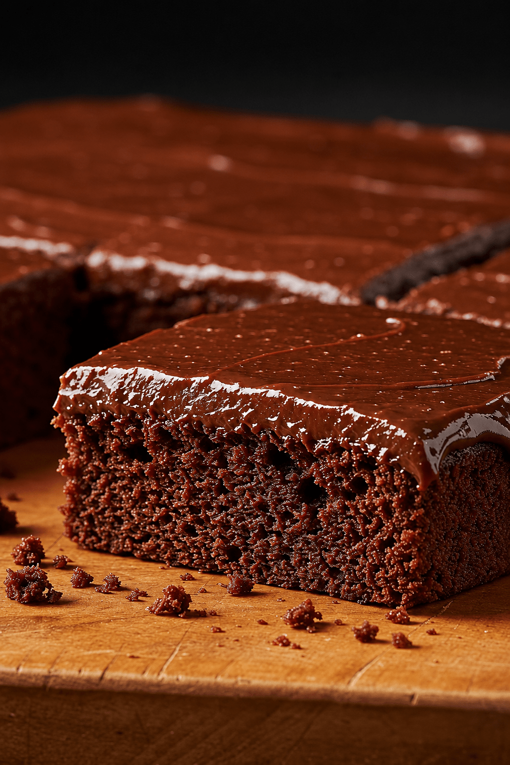 Fudgy chocolate cake with glossy dark chocolate ganache, moist chocolate crumb, clean square slices, and a rich homemade texture.