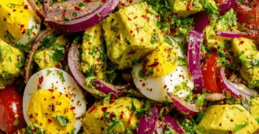Avocado egg salad with boiled eggs, cherry tomatoes, red onion, fresh herbs, chili flakes, and lemon Dijon olive oil dressing.