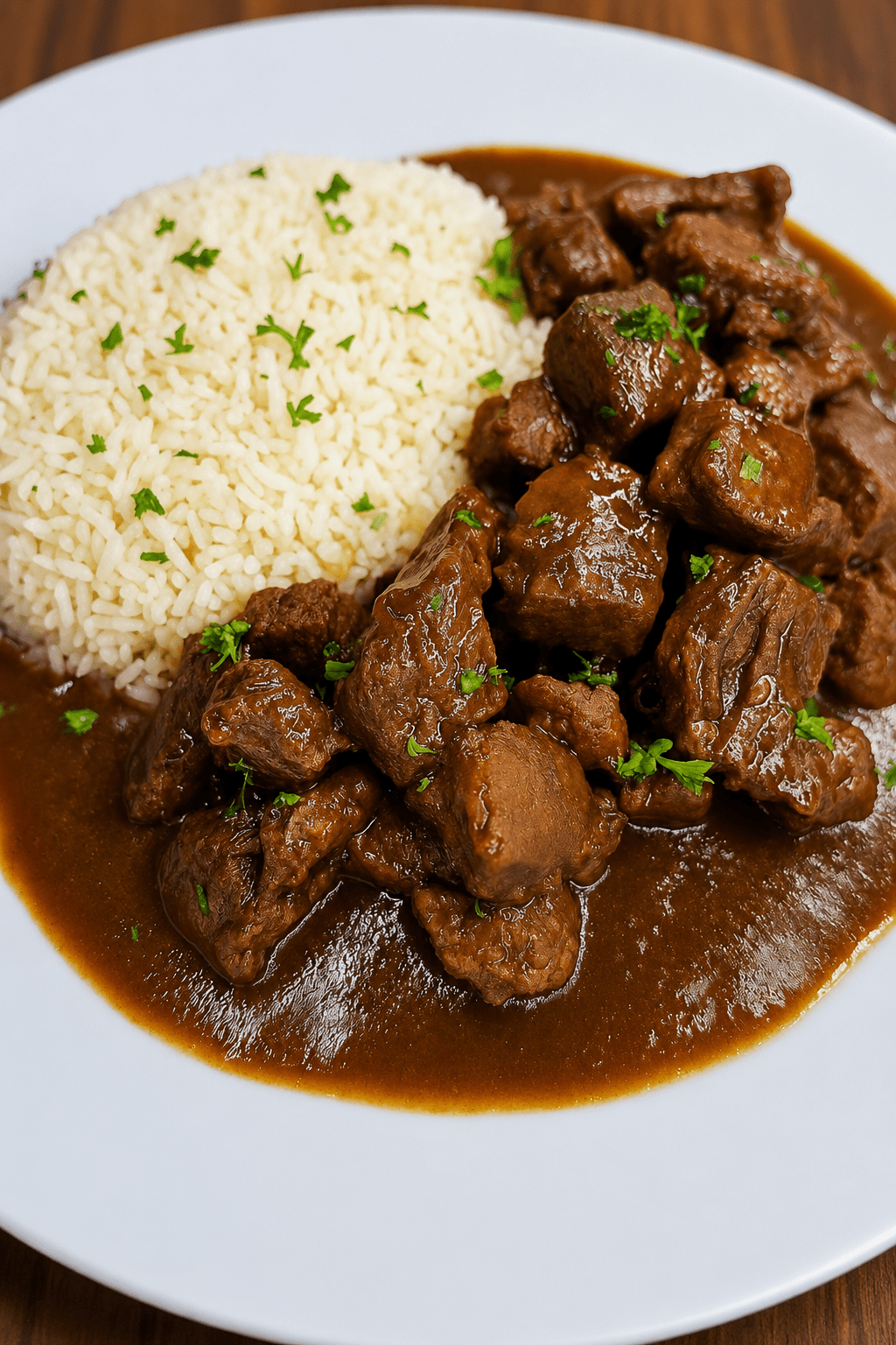 Tender beef stew with glossy brown gravy served beside fluffy white rice, garnished with fresh parsley on a dinner plate.