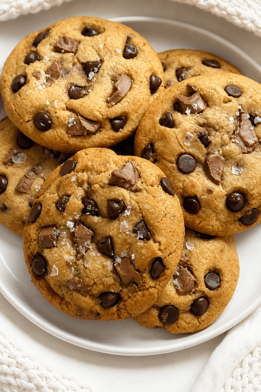 Soft chocolate chip cookies with golden edges, gooey chocolate chips, chopped chocolate pieces, and flaky sea salt on top.