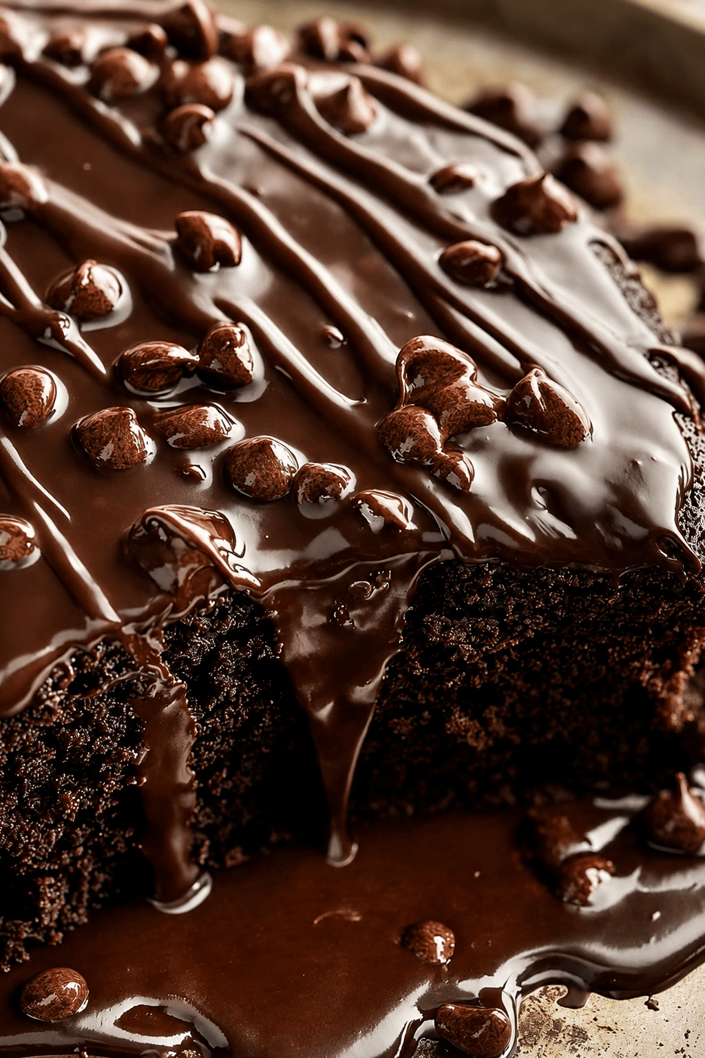 Double chocolate ganache cake with a moist cocoa crumb, melted chocolate chips, glossy dark chocolate ganache, and extra chocolate chips on top.