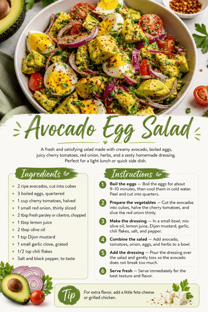 Avocado egg salad with boiled eggs, cherry tomatoes, red onion, fresh herbs, chili flakes, and lemon Dijon olive oil dressing.