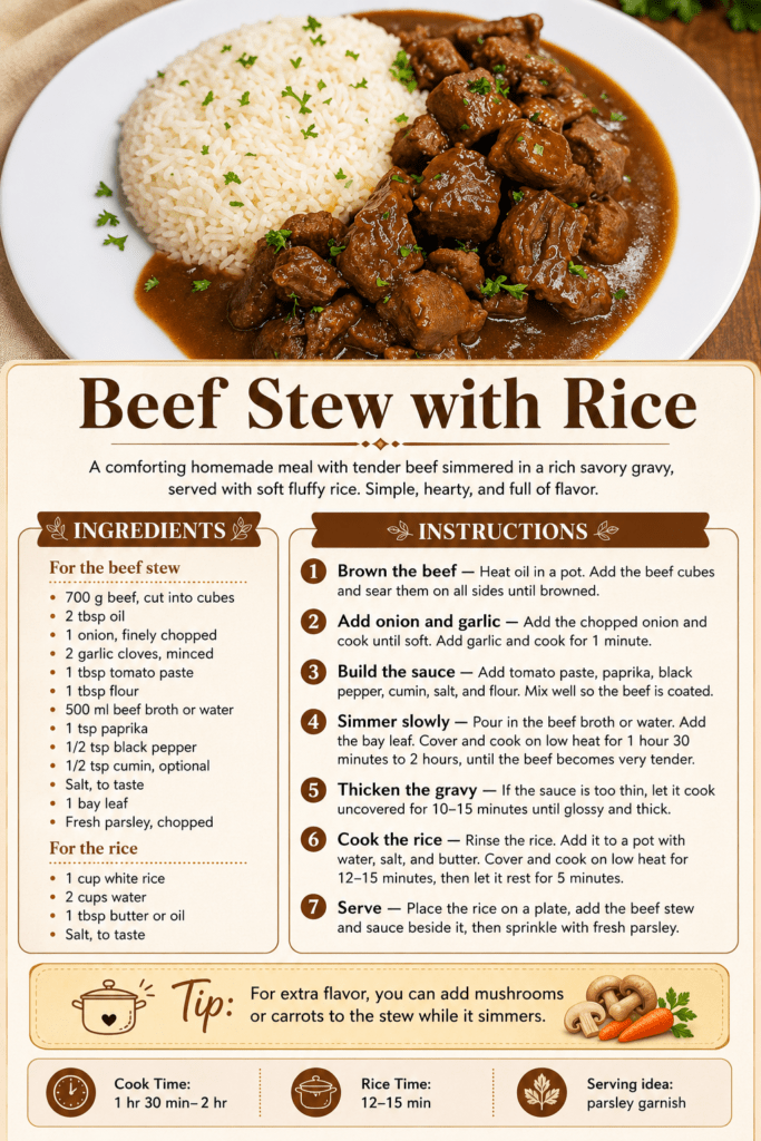 Tender beef stew with glossy brown gravy served beside fluffy white rice, garnished with fresh parsley on a dinner plate.