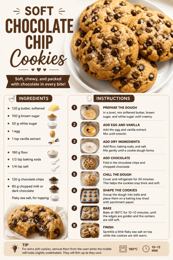 Soft chocolate chip cookies with golden edges, gooey chocolate chips, chopped chocolate pieces, and flaky sea salt on top.