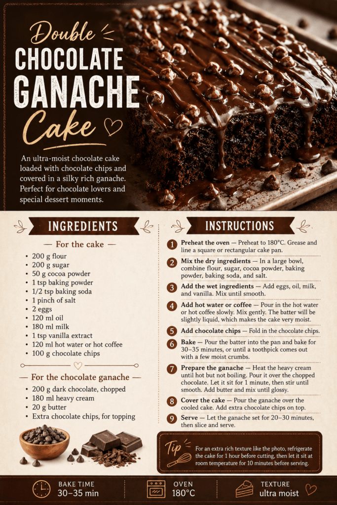 Double chocolate ganache cake with a moist cocoa crumb, melted chocolate chips, glossy dark chocolate ganache, and extra chocolate chips on top.