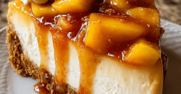 A creamy peach caramel cheesecake topped with caramelized peach slices, whipped cream, crushed biscuits, and fresh mint on a golden biscuit crust.