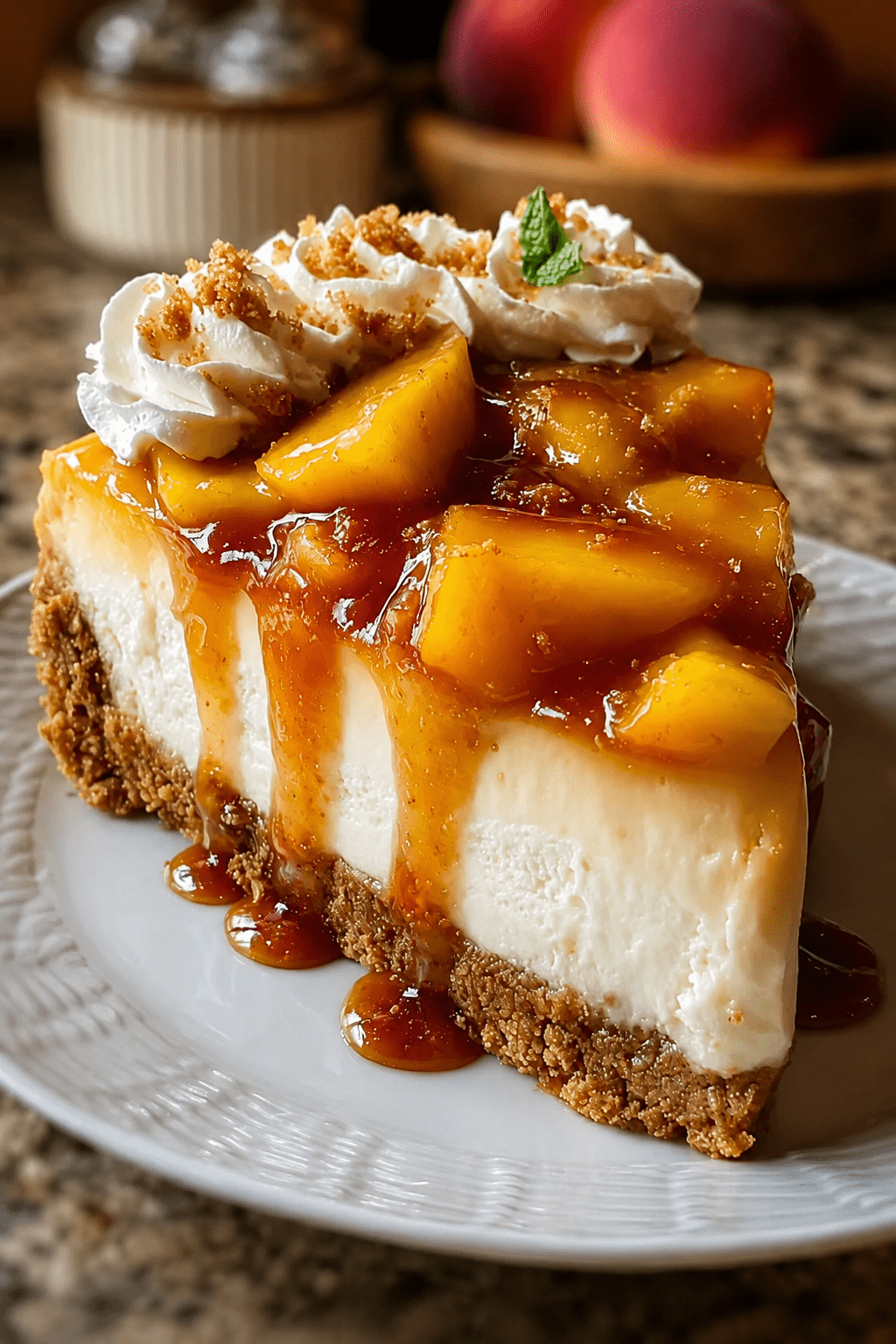 A creamy peach caramel cheesecake topped with caramelized peach slices, whipped cream, crushed biscuits, and fresh mint on a golden biscuit crust.