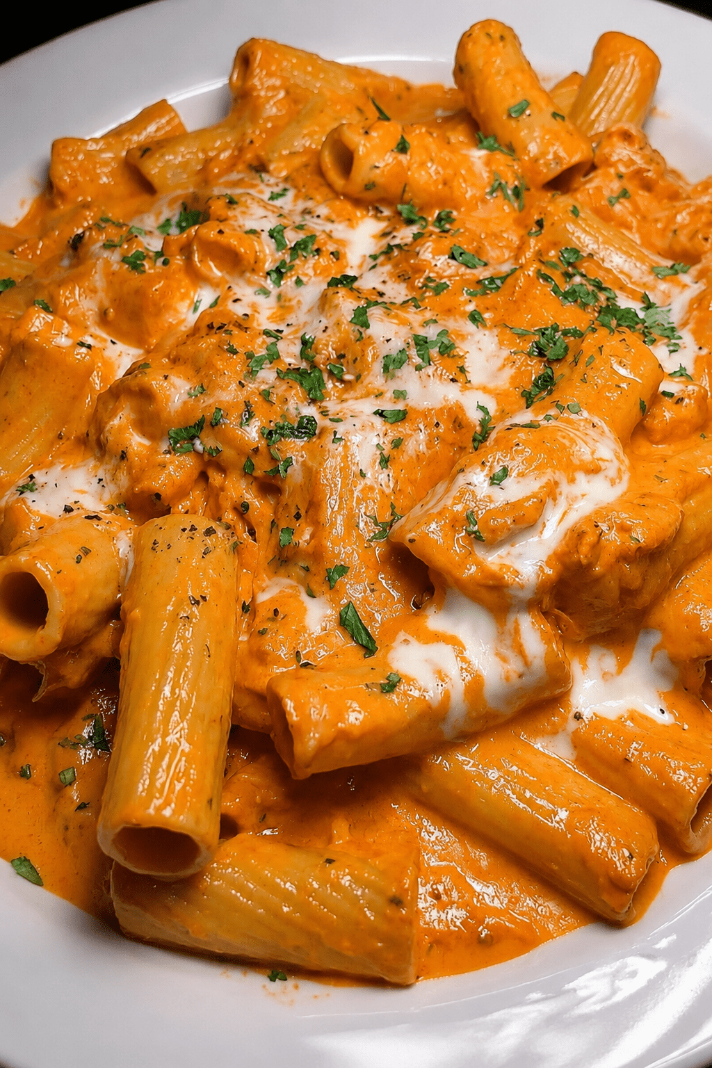 A creamy tomato chicken rigatoni dish served hot with tender chicken pieces, rich tomato cream sauce, melted mozzarella, parmesan, and fresh parsley.