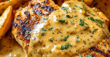 Tender chicken breasts covered in creamy mustard sauce served with crispy roasted potato wedges and fresh chopped parsley on a dinner plate.