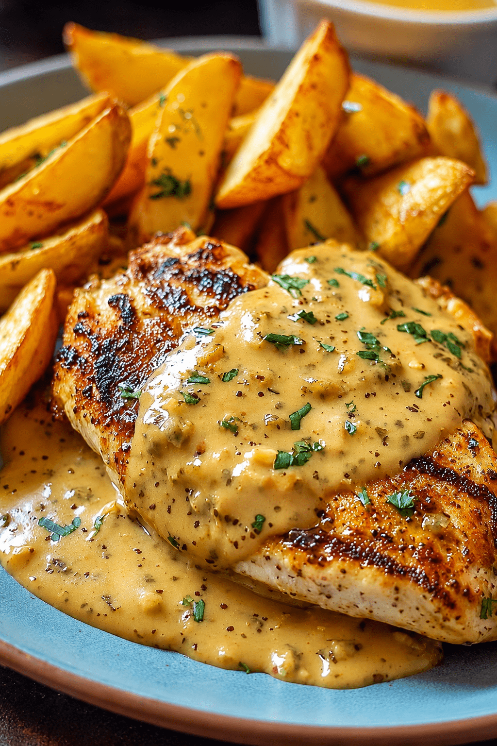 Tender chicken breasts covered in creamy mustard sauce served with crispy roasted potato wedges and fresh chopped parsley on a dinner plate.
