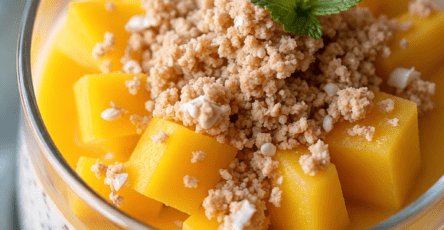 Creamy mango chia pudding served in clear glasses with coconut chia pudding, smooth mango purée, fresh mango cubes, granola, and mint leaves.