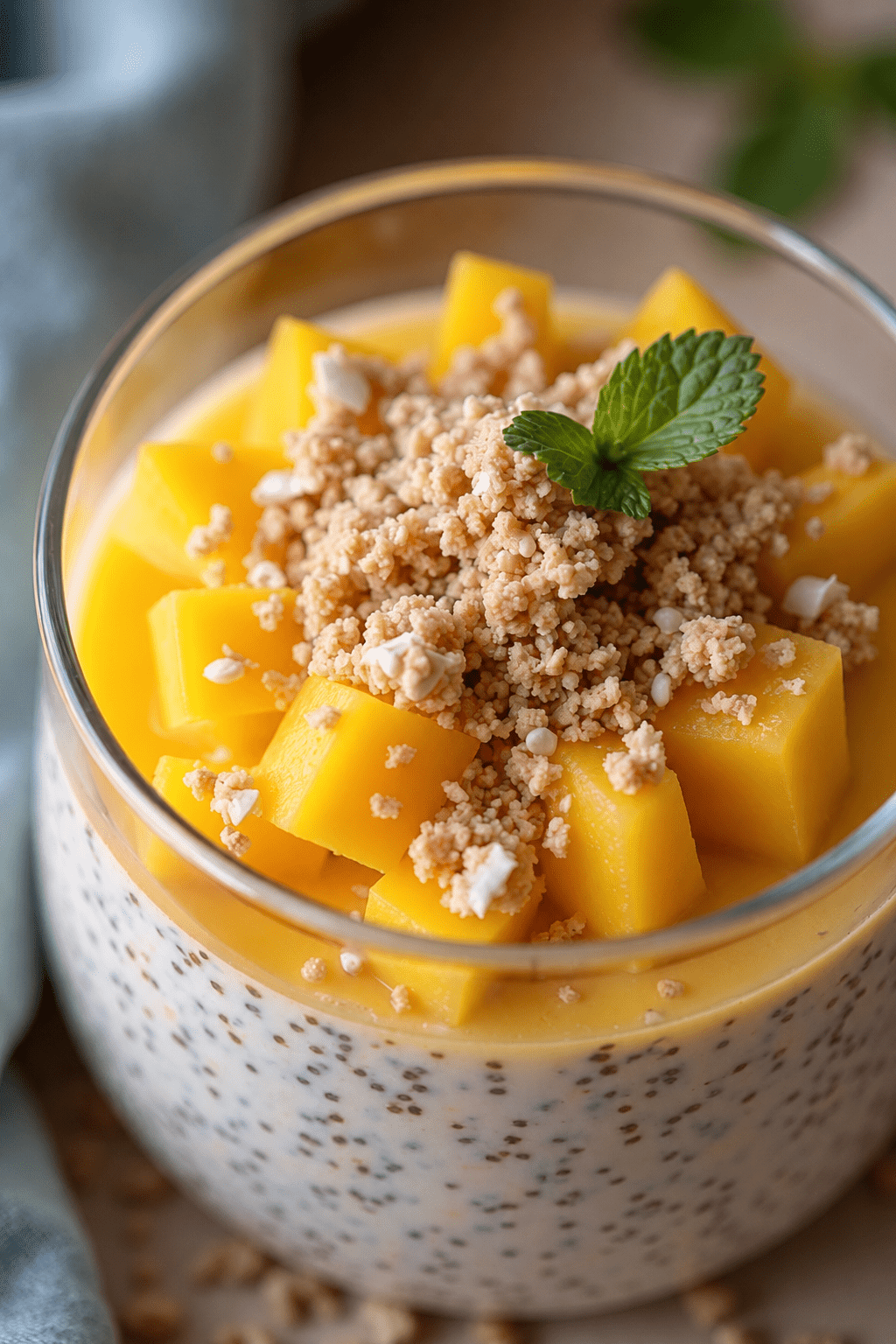 Creamy mango chia pudding served in clear glasses with coconut chia pudding, smooth mango purée, fresh mango cubes, granola, and mint leaves.