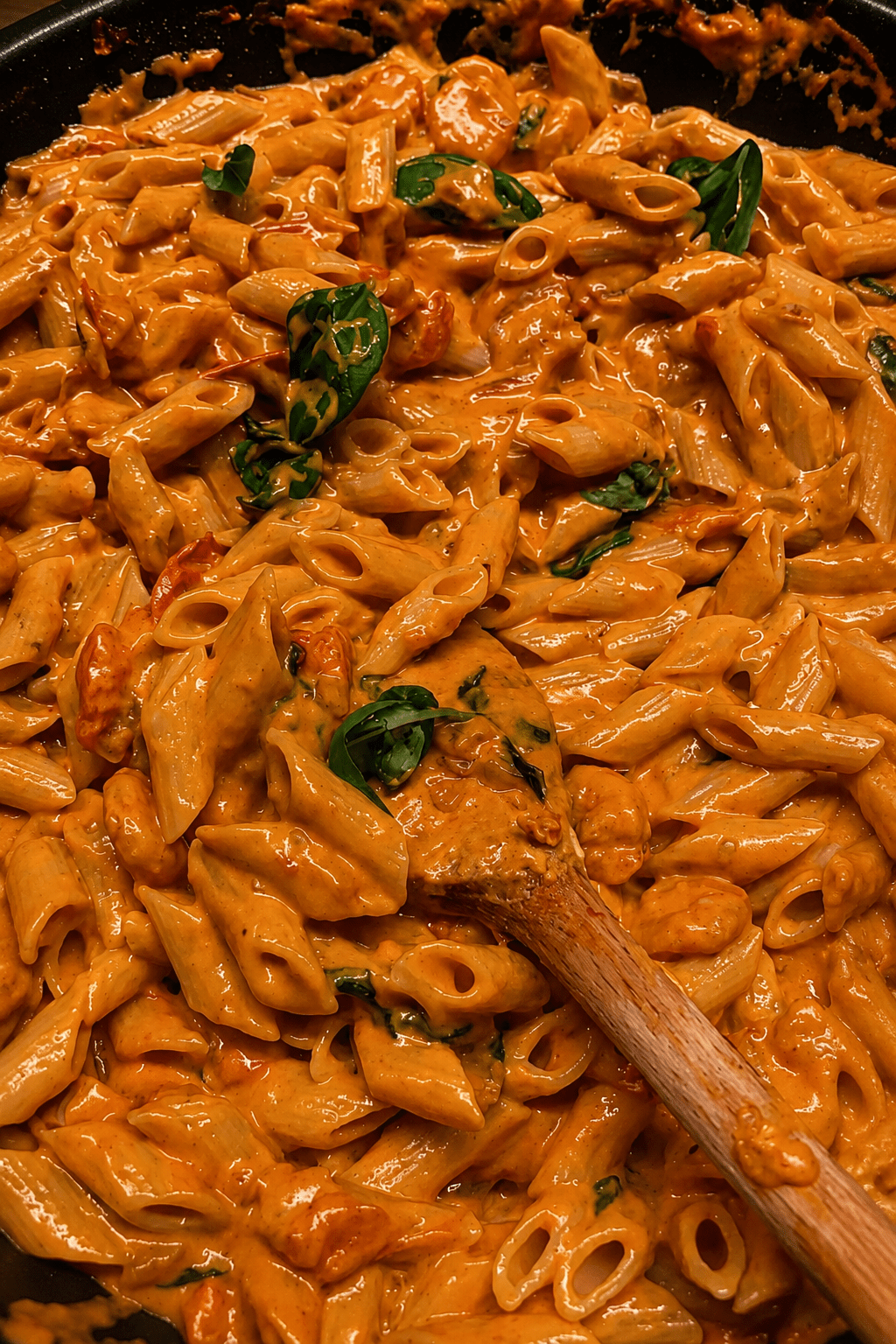 Creamy Tuscan chicken penne served in a bowl with golden chicken pieces, penne pasta, spinach, cherry tomatoes, parmesan, and a rich creamy tomato sauce.