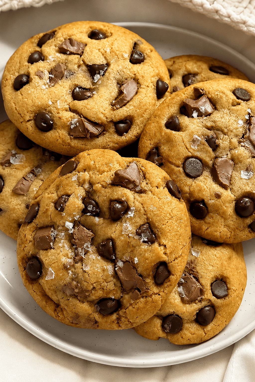 Soft chocolate chip cookies with golden edges, gooey chocolate chunks, dark chocolate chips, and flaky sea salt cooling on a baking tray.