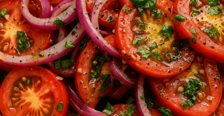 Fresh tomato and red onion salad served in a bowl with ripe tomato slices, thin red onion, parsley, basil, olive oil dressing, and black pepper.