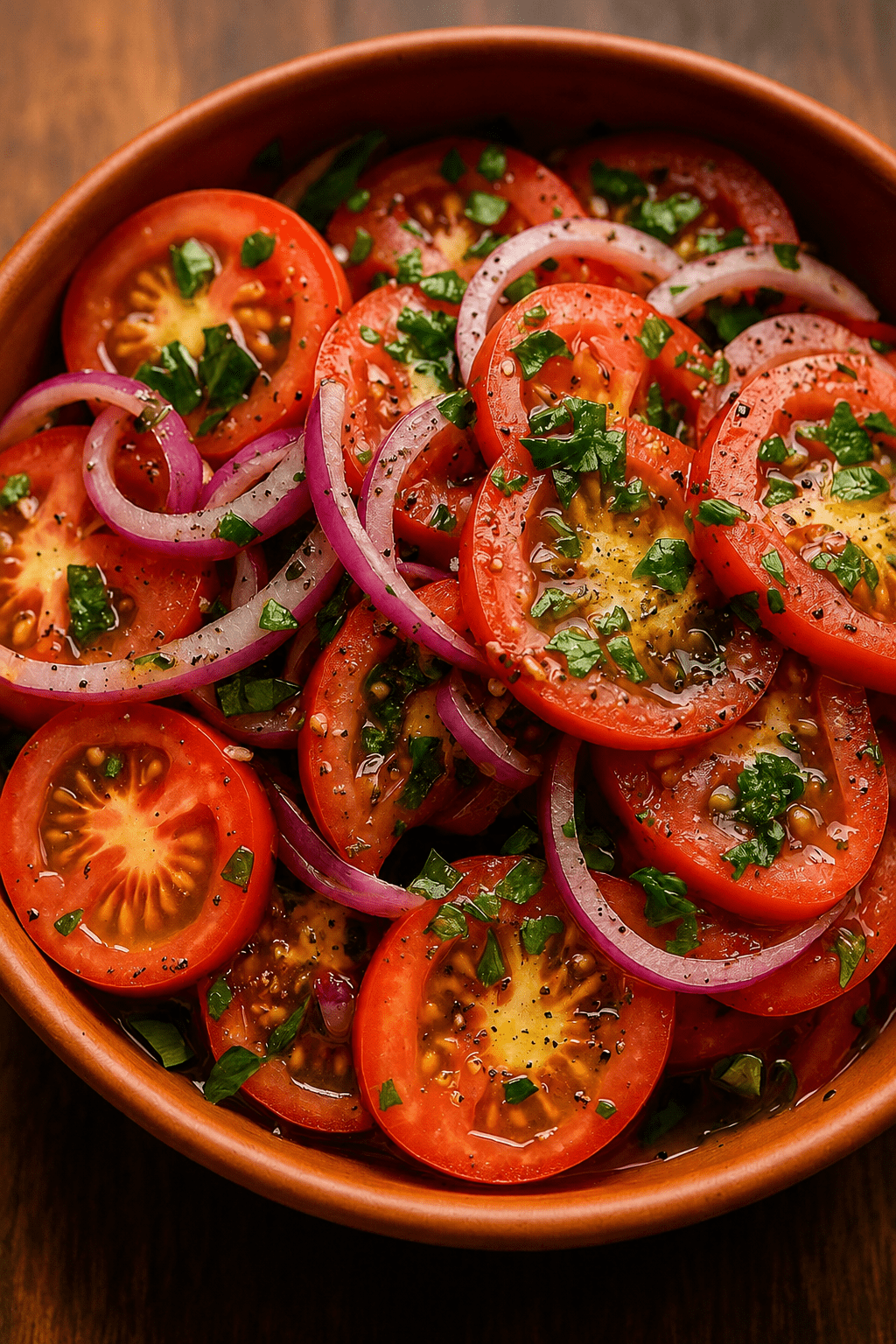 Fresh tomato and red onion salad served in a bowl with ripe tomato slices, thin red onion, parsley, basil, olive oil dressing, and black pepper.